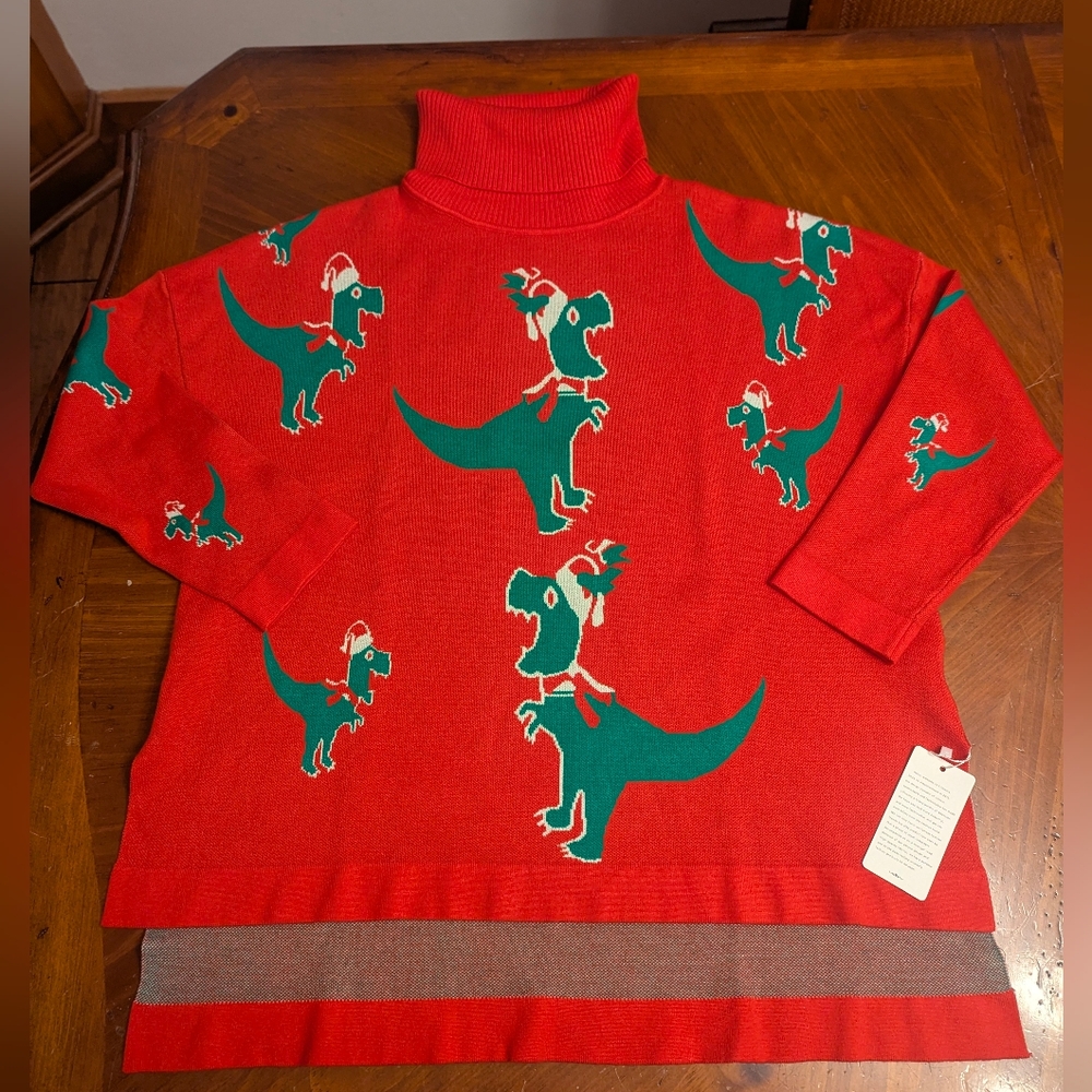 T-Rex 🦖Dinosaur Christmas Party Sweater~Women's Turtleneck Sweater Nwt Sz Small